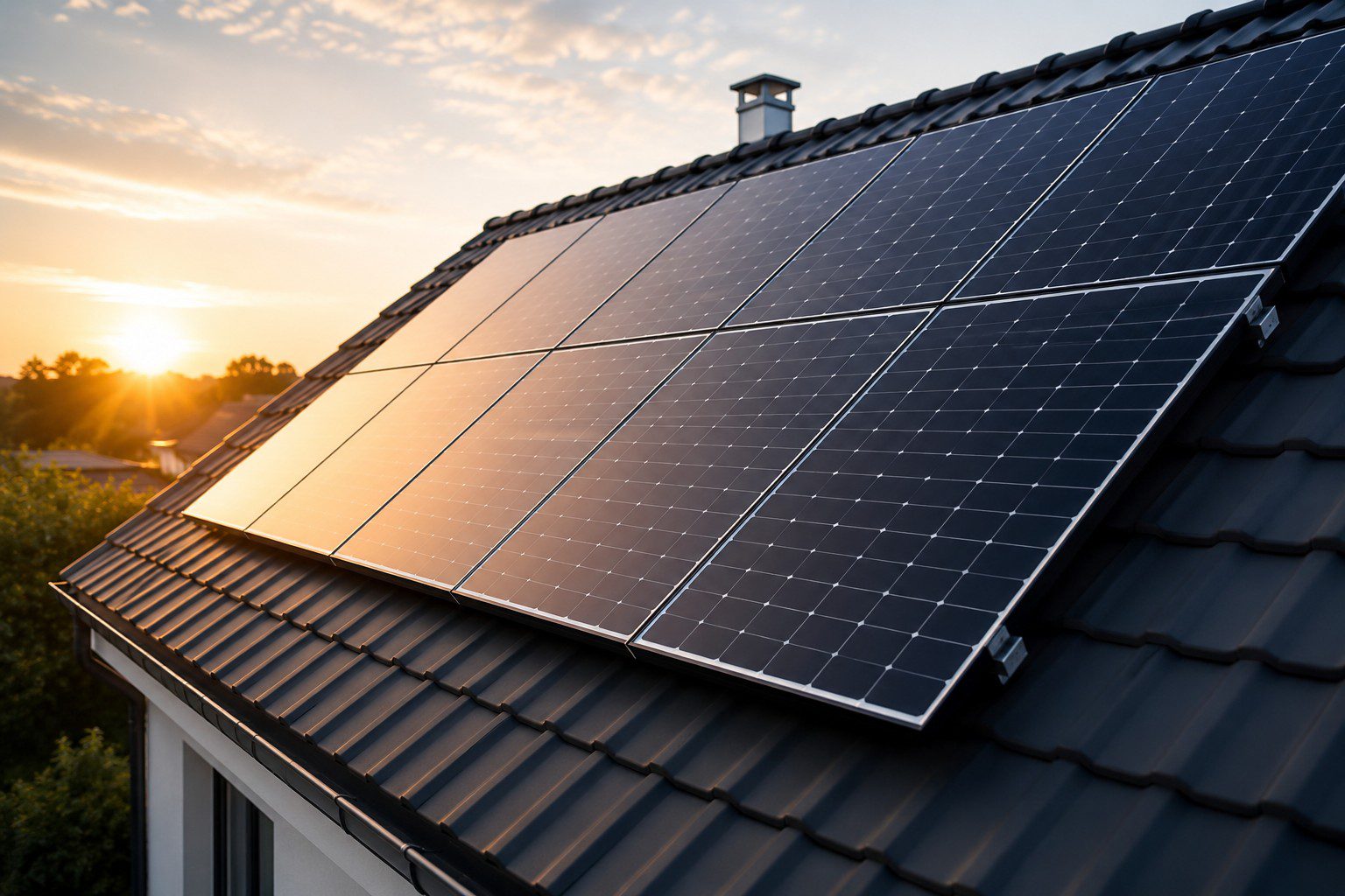Photovoltaikanlage mit schwarzen Solarmodulen auf einem Ziegeldach bei Sonnenuntergang